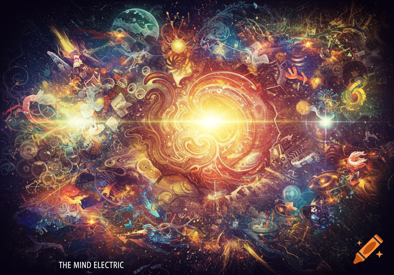 A vibrant, chaotic, abstract digital artwork with a bright central light and intricate swirling details, titled 'THE MIND ELECTRIC'.
