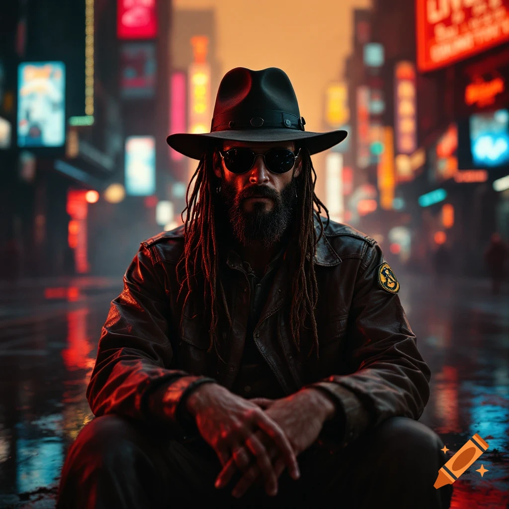 A man with dreadlocks, beard, sunglasses, and fedora sits on a wet cyberpunk city street at night, bathed in neon light.