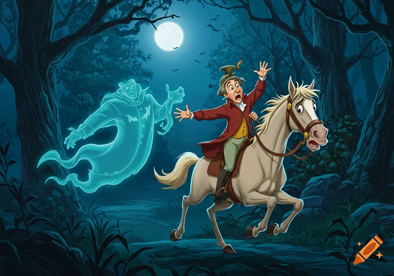 A scared man on a horse flees a glowing ghost through a dark forest at night, in a classic animation style.