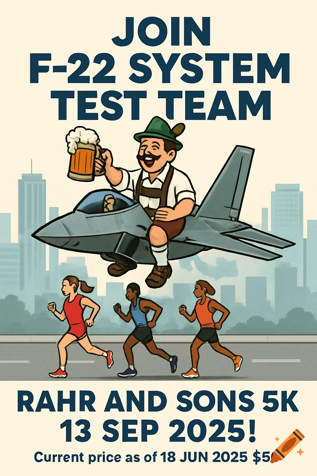 Cartoon flyer showing a man in lederhosen on an F-22 jet, holding beer, above runners in a city street, advertising an F-22 system test team and a 5K race.
