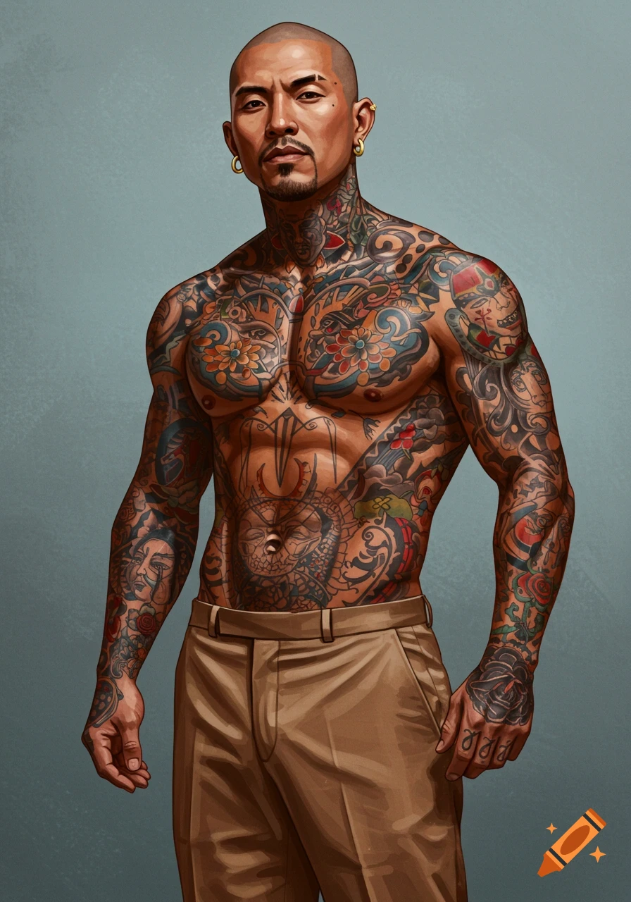 A realistic portrait of a bald, heavily tattooed man wearing tan pants and gold earrings.
