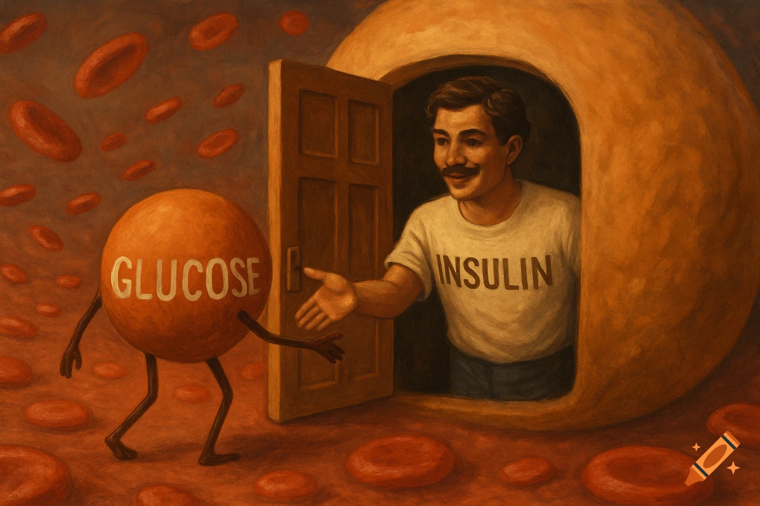 An anthropomorphic 'GLUCOSE' molecule meets a man labeled 'INSULIN' at a cell door, surrounded by red blood cells in an educational illustration.