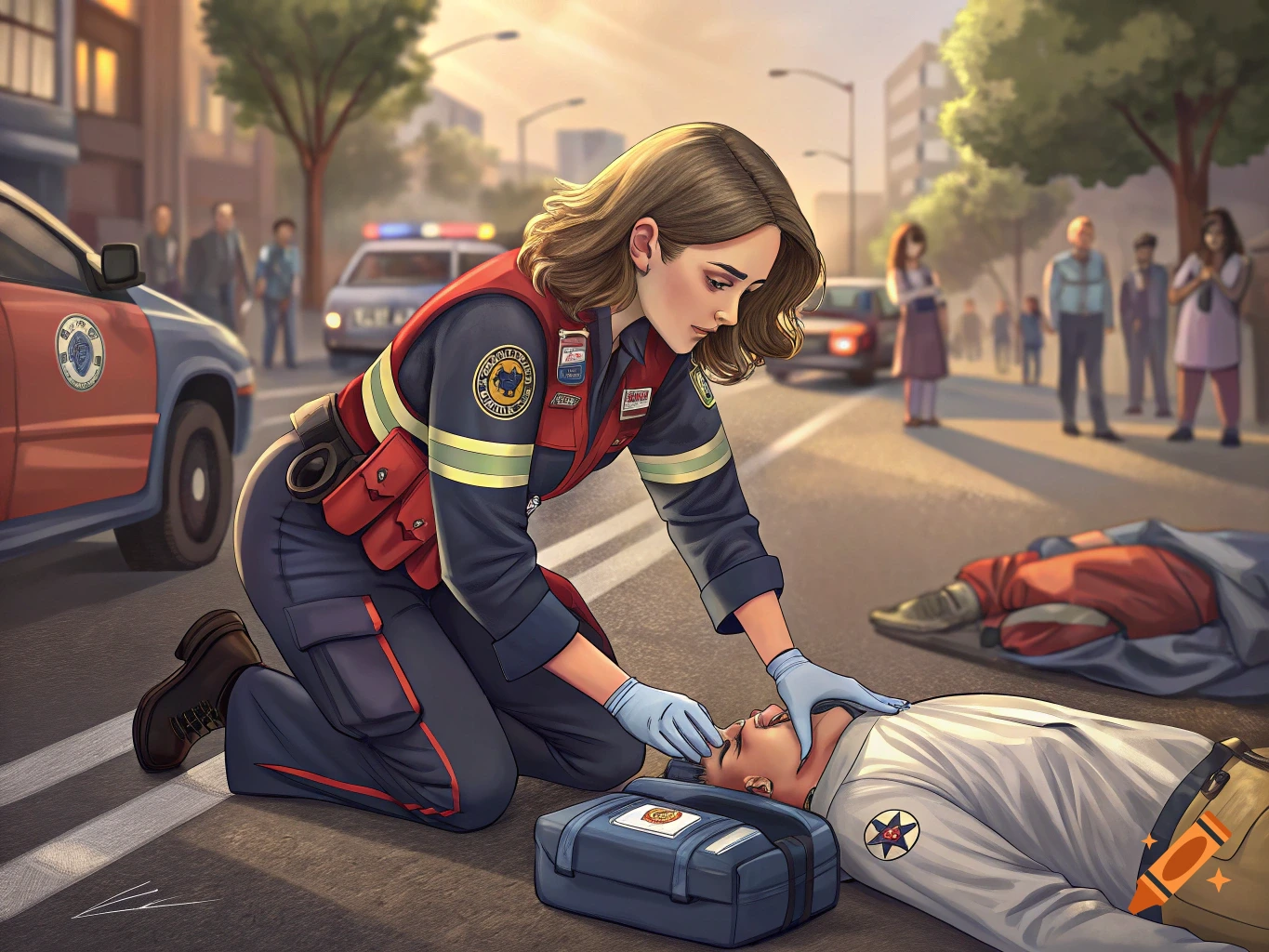 An EMT in uniform kneels on a city street, performing life-saving care on a person lying on the ground. A first responder vehicle with flashing lights is in the background, with onlookers in the distance. The scene is brightly lit by the setting sun.