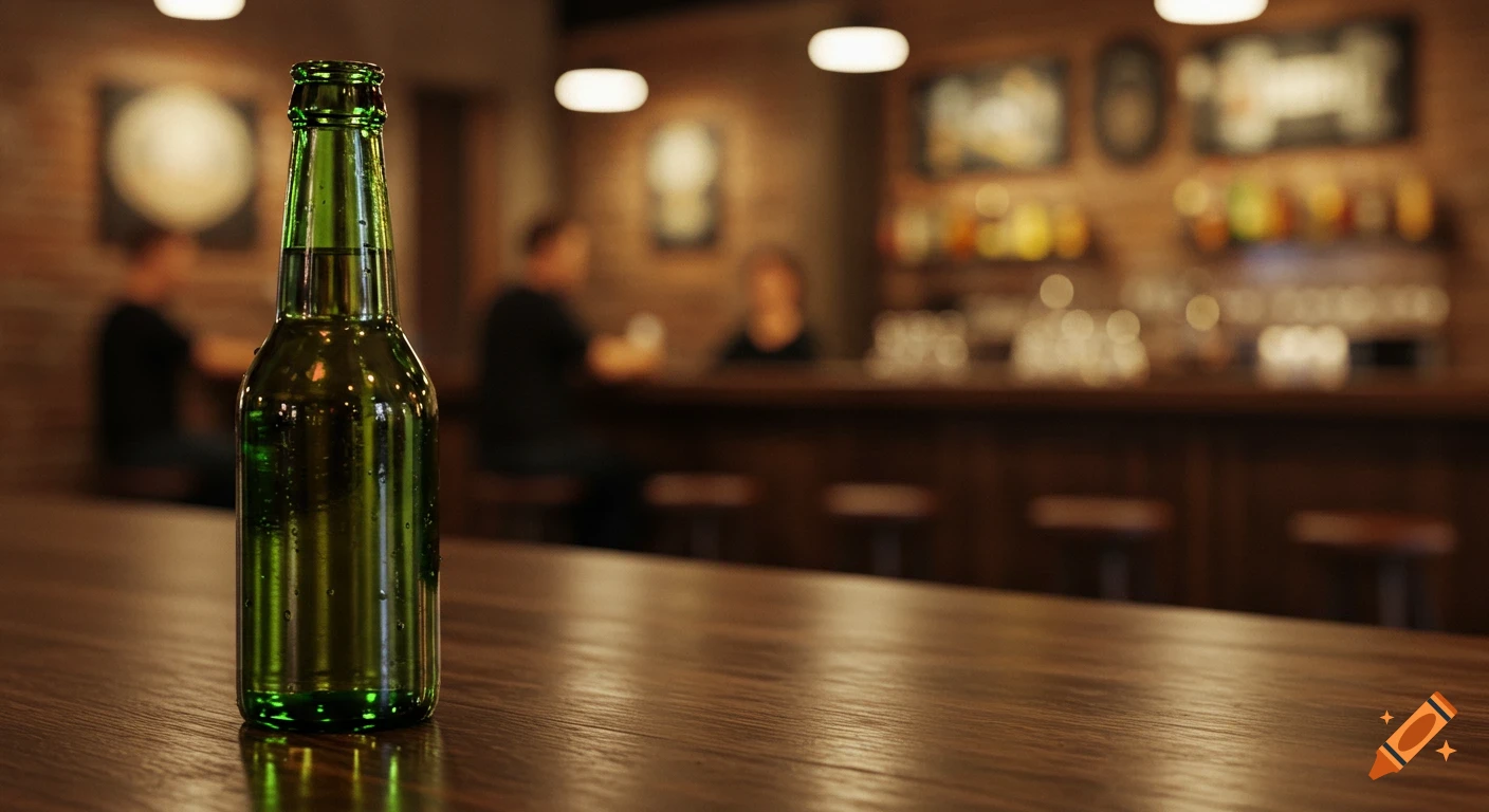 A green beer bottle sits on a wooden bar counter with a blurred bar scene and patrons in the background.