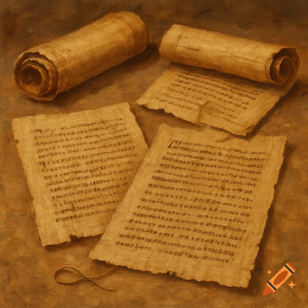 Papyrus scrolls and sheets with text in a painted style.
