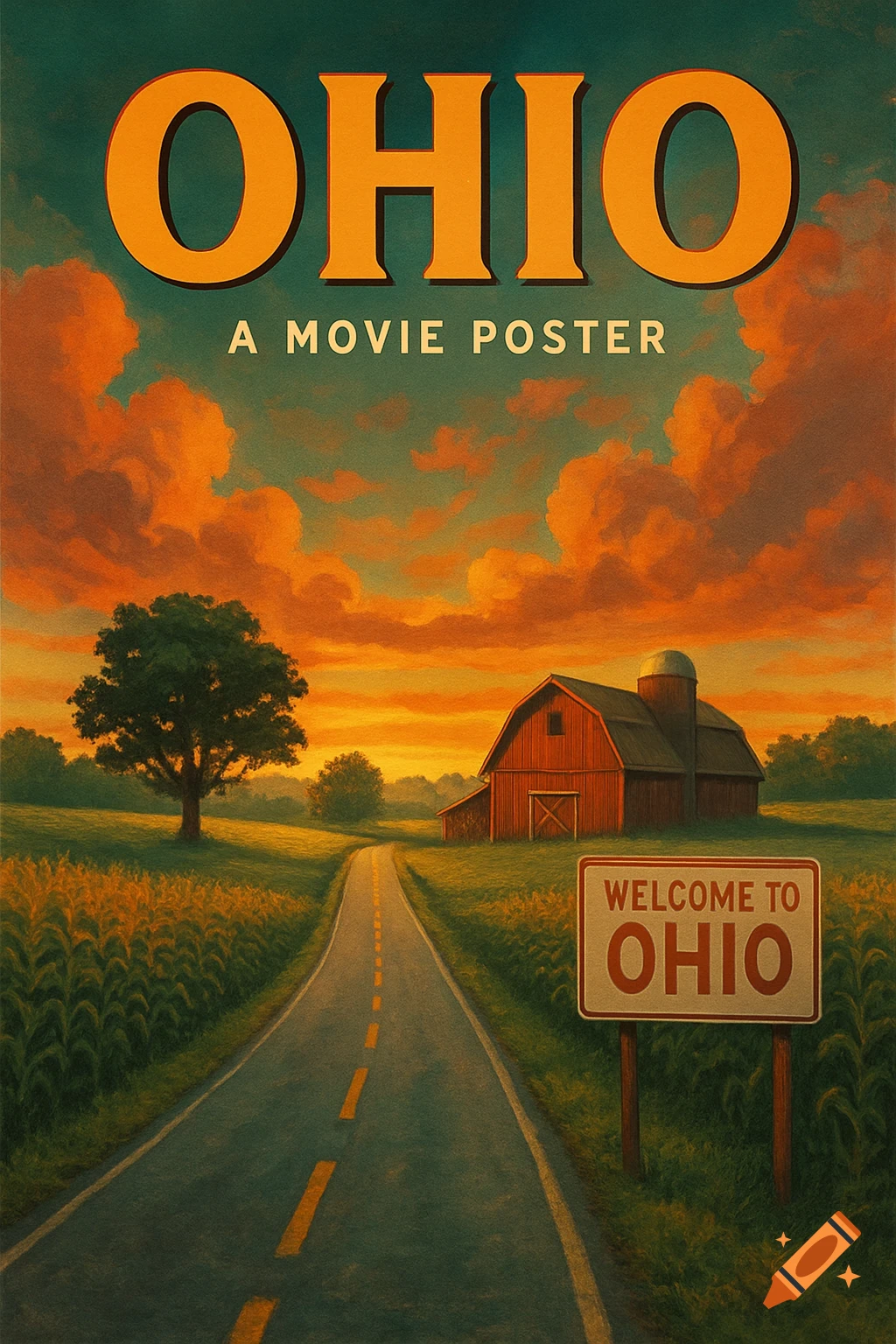 A vintage-style movie poster titled "OHIO" with "A MOVIE POSTER" below, featuring a road through fields, a red barn, and a "WELCOME TO OHIO" sign under an orange sunset.