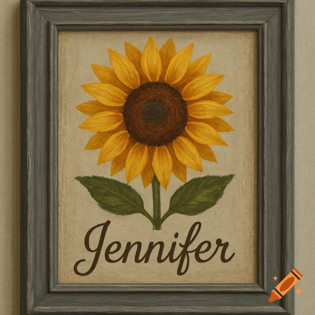 A framed illustration of a yellow sunflower with green leaves and the name Jennifer below it.