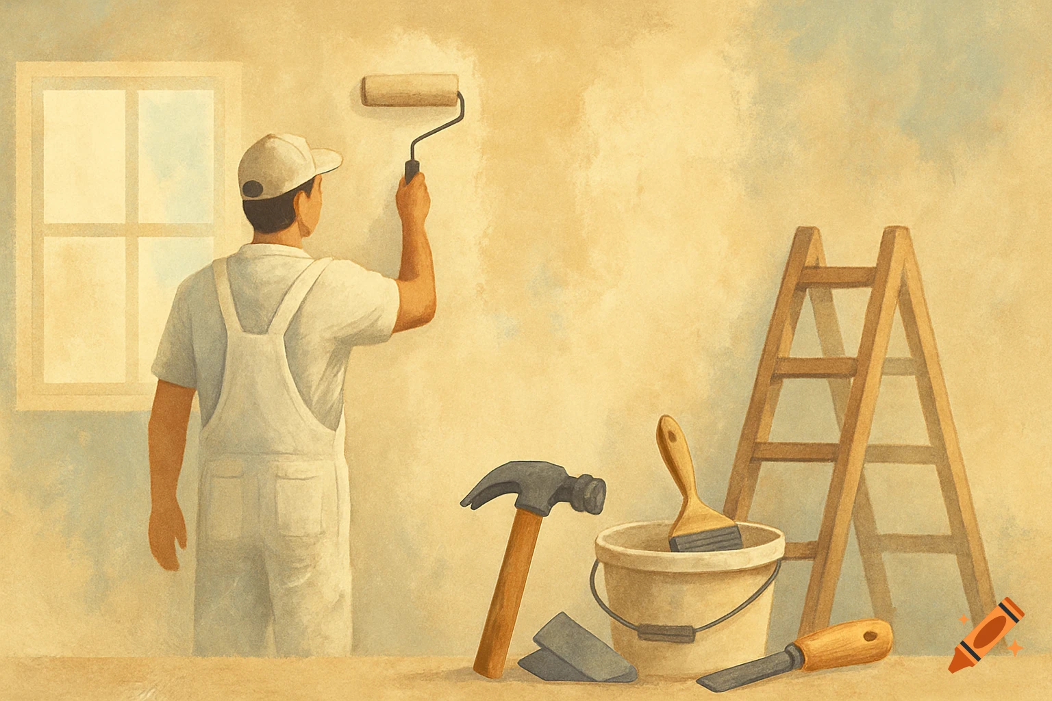 A person in overalls painting a wall with a roller, surrounded by renovation tools like a ladder, hammer, and paint bucket, in a watercolor style.