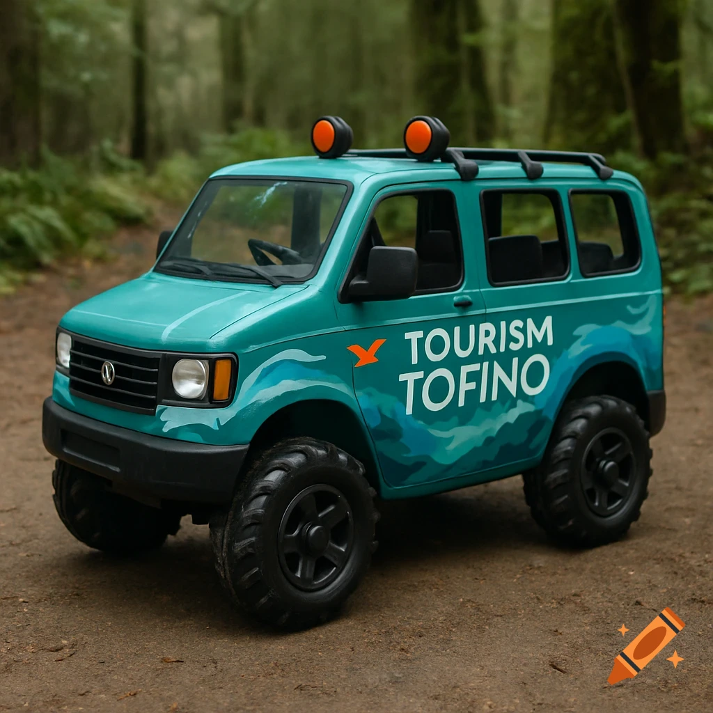 A toy-sized teal off-road van with "TOURISM TOFINO" on its side, parked on a dirt path in a lush forest.