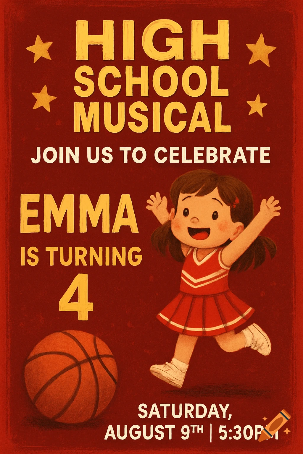 Red 'High School Musical' birthday invitation for Emma's 4th birthday, featuring a cartoon cheerleader and basketball.