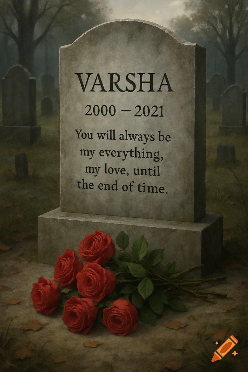 A gravestone with 'VARSHA' and dates '2000 - 2021' engraved, with red roses at its base in a somber cemetery.