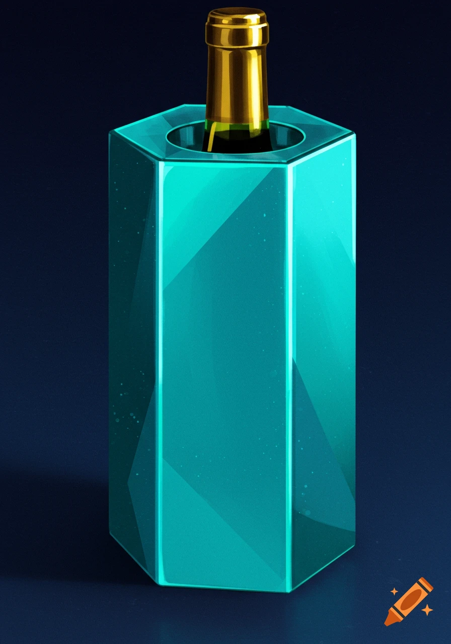 A gold-capped bottle sits in a tall, faceted, glowing turquoise hexagonal container against a dark background.