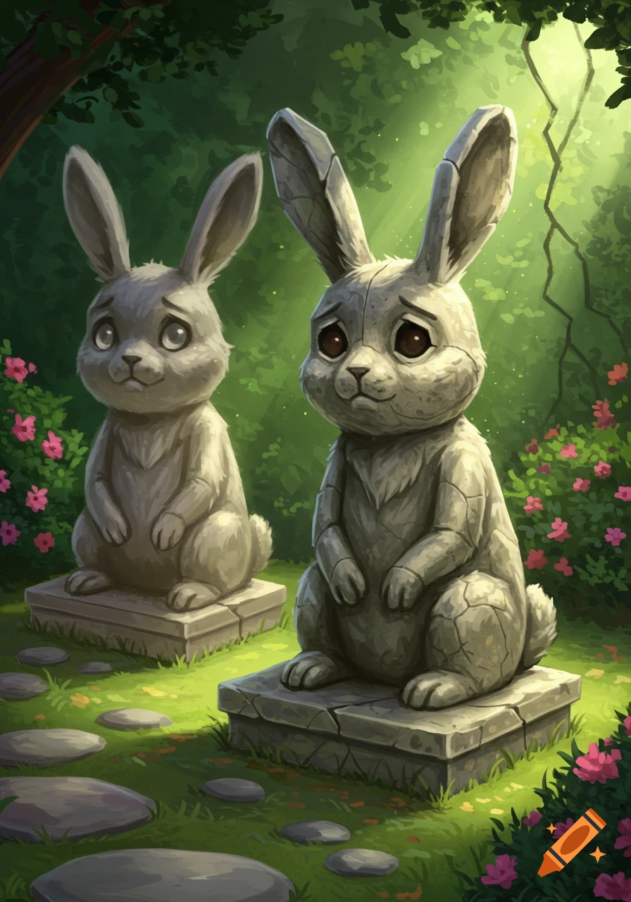Two stone rabbit statues stand in a sunlit fantasy garden with flowers and stepping stones.