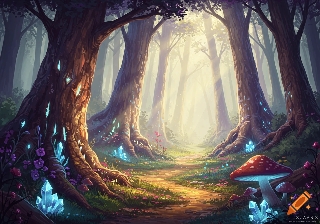A sunlit path winds through a fantasy forest with large trees, glowing crystals, and red-capped mushrooms.