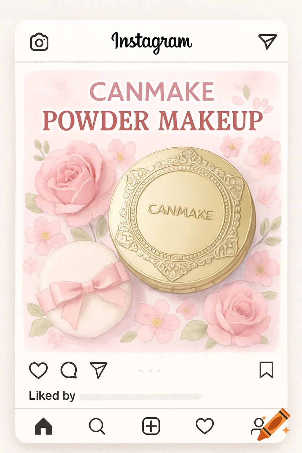 An Instagram post graphic featuring Canmake powder makeup, with a gold compact, powder puff, and pink roses in watercolor style.