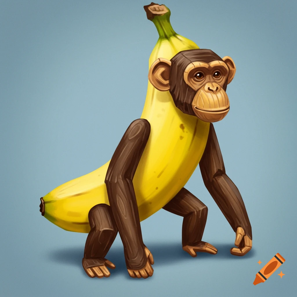 A cartoon-style chimpanzee with wooden features and a banana for a body stands on a light blue background.