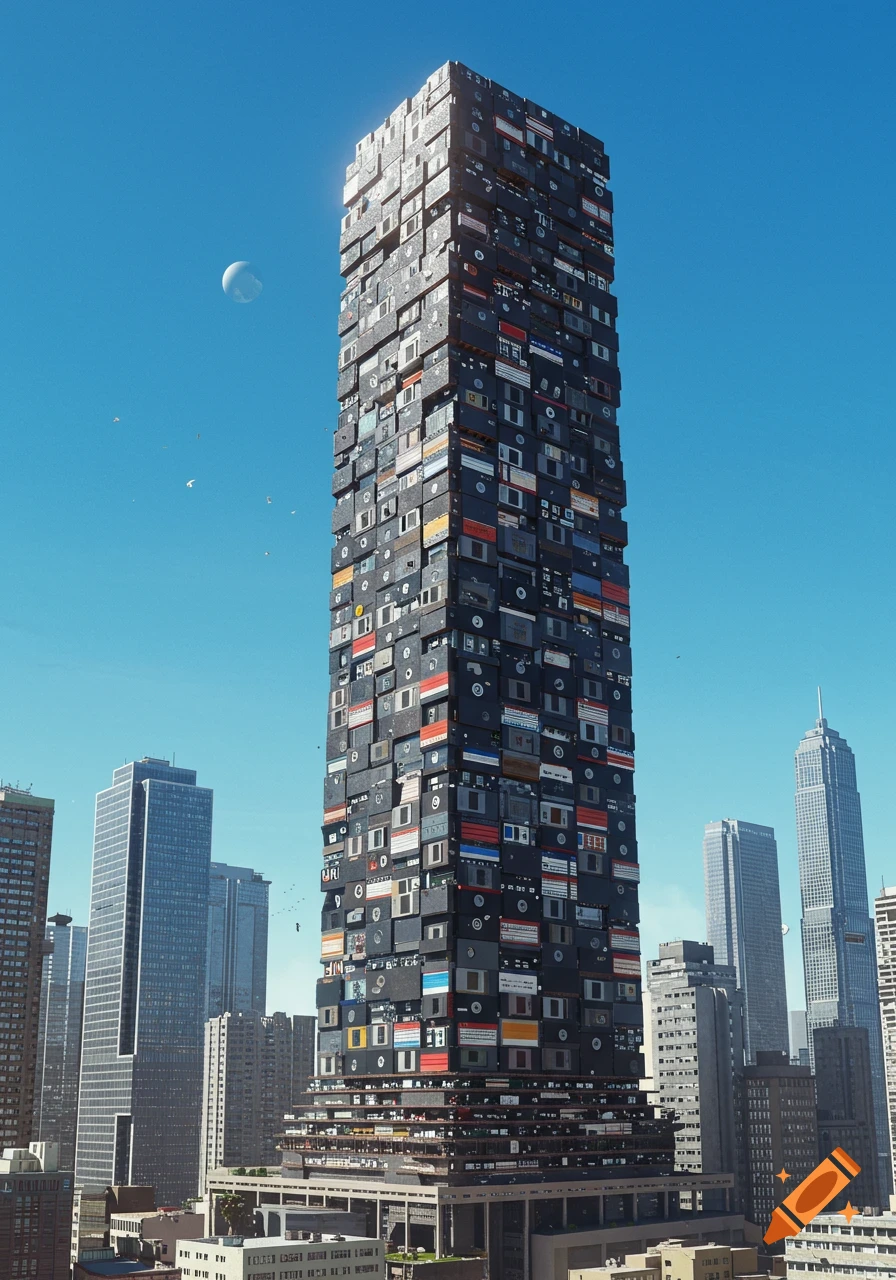 A towering skyscraper made of stacked floppy disks stands among other modern buildings in a city under a blue sky with a moon.