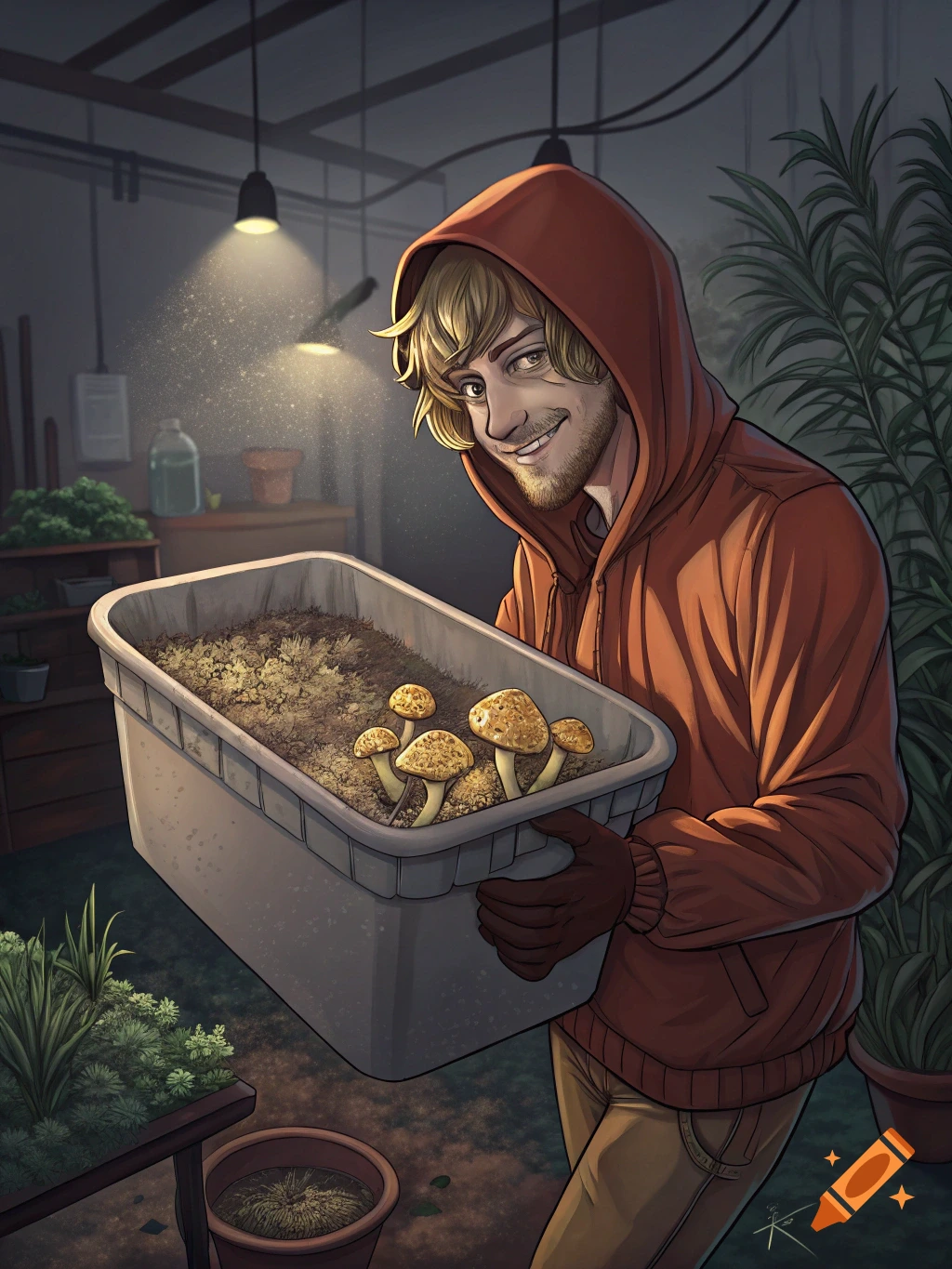An illustrated man in a red hoodie smiles while holding a tub filled with growing mushrooms in an indoor setting.