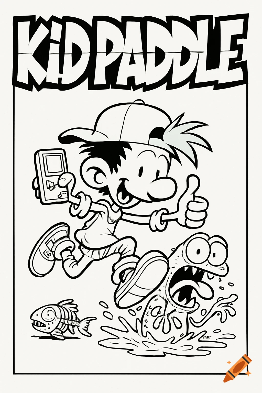 Cartoon boy with game console runs on monster, text says KIDPADDLE.