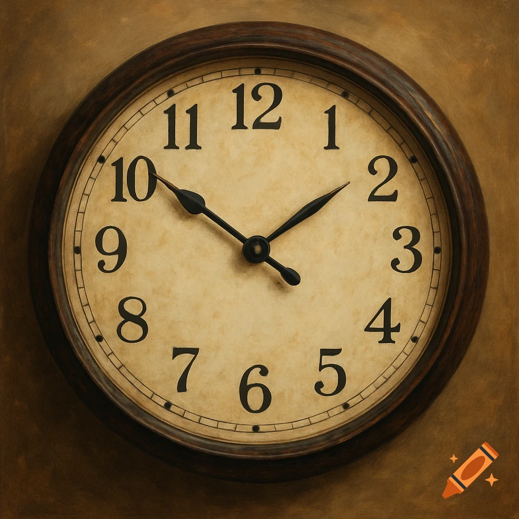 A detailed, vintage-style round wall clock with large black numbers on a cream face, showing approximately 8:26.