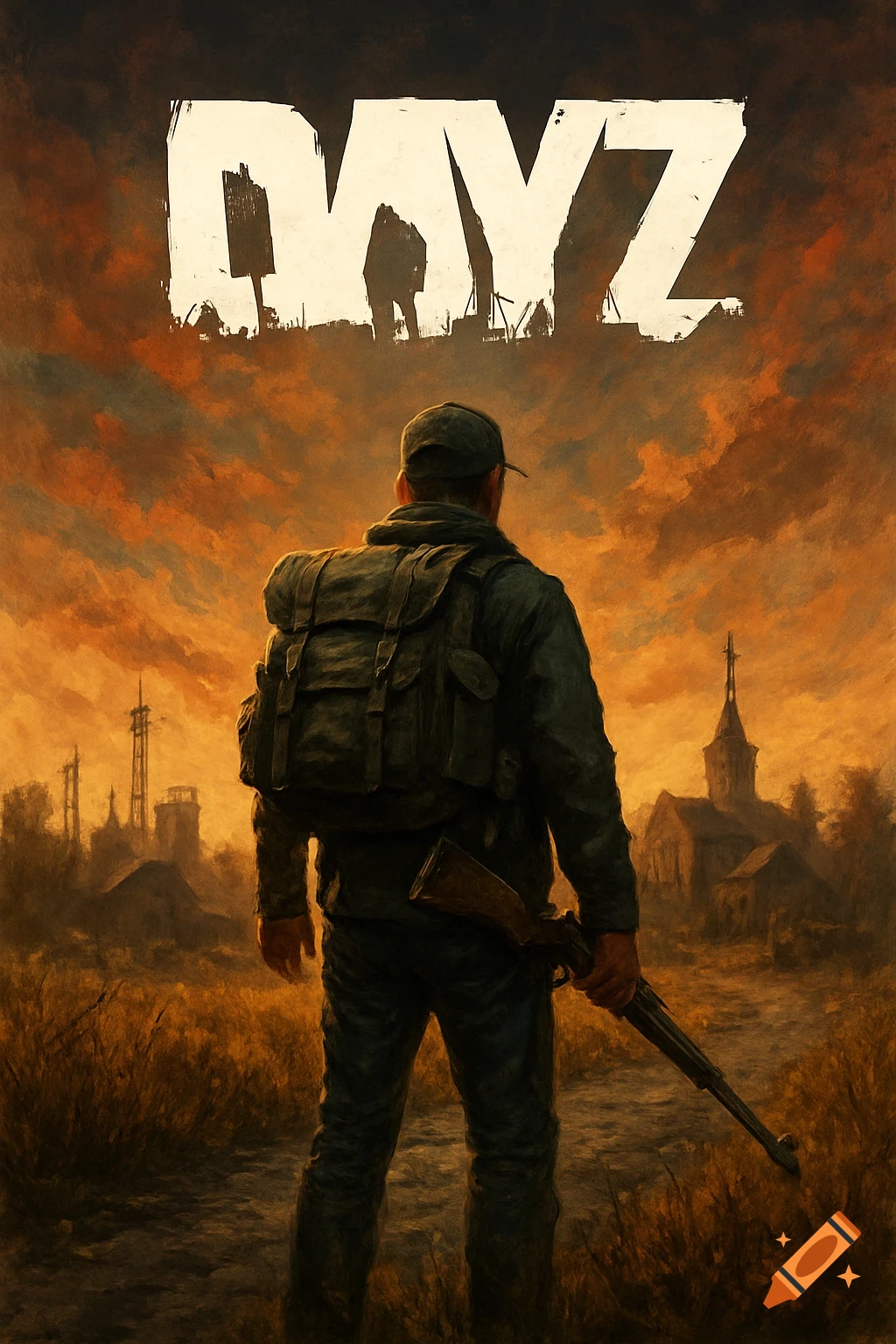 Grungy poster of a man with a rifle and backpack looking at a post-apocalyptic town under an orange sky, with 'DAYZ' text.
