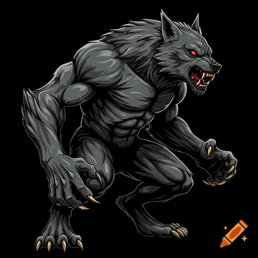 An illustration of a muscular, snarling grey werewolf with red eyes and long claws, crouched on a black background.