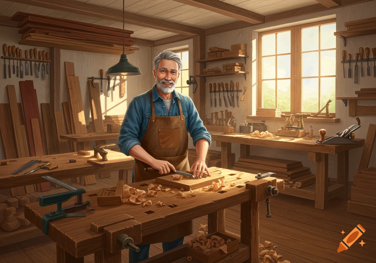 A smiling older man works at a workbench in a sunlit woodworking shop, surrounded by tools and wood.