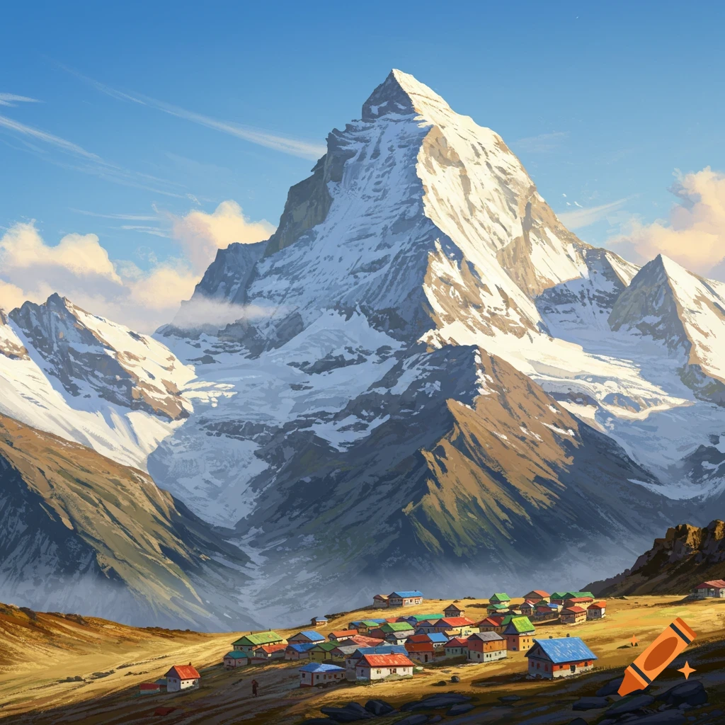 A majestic snow-capped mountain towers over a small village with colorful roofs nestled in a golden valley under a blue sky, in a painterly style.