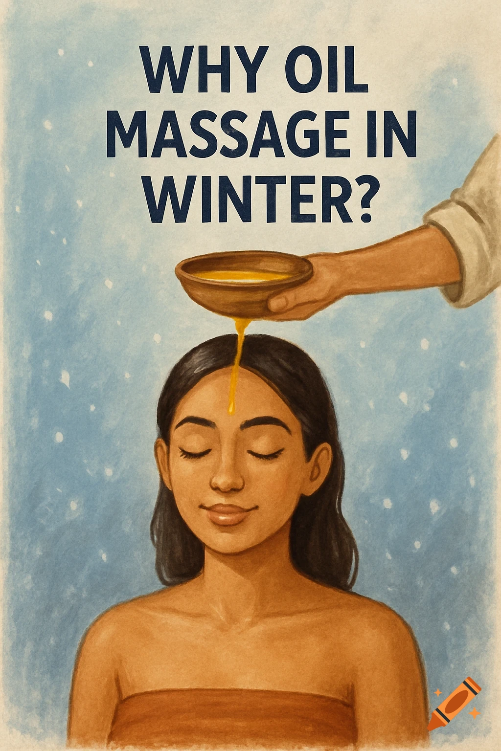 Illustration of a person receiving an oil massage on their head in a winter setting. Text: WHY OIL MASSAGE IN WINTER?