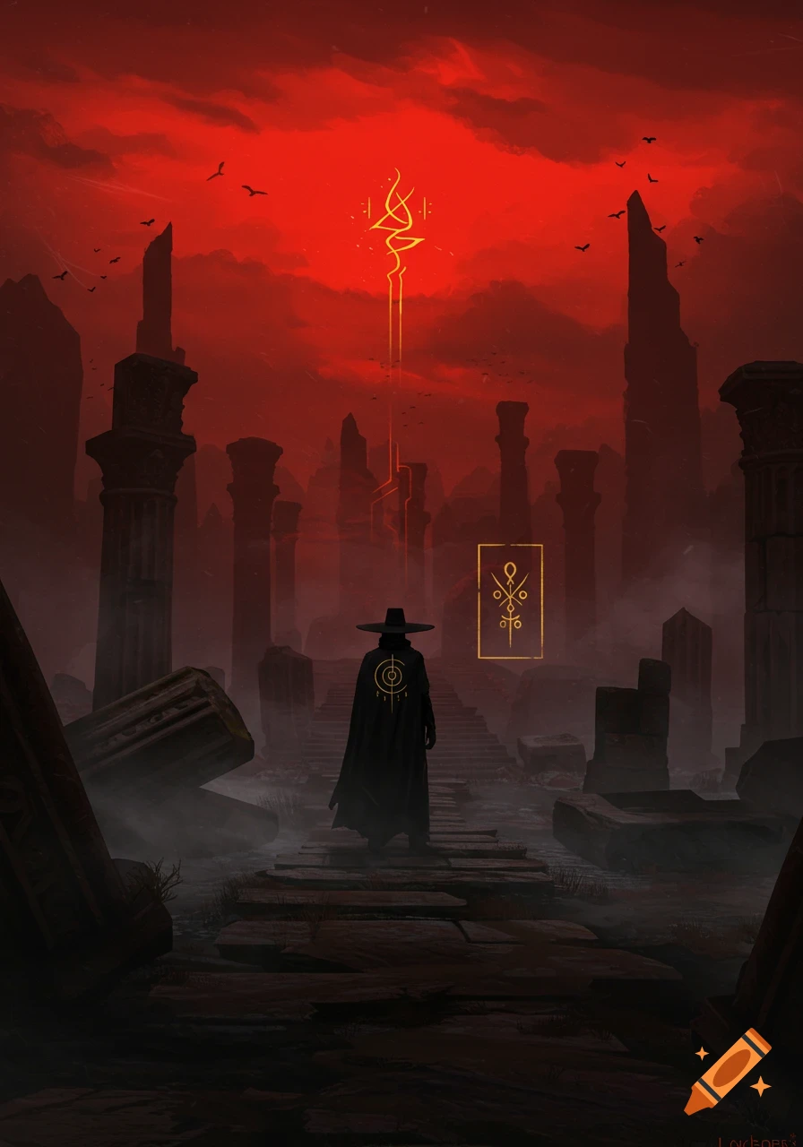 A cloaked figure wearing a wide-brimmed hat stands on a ruined path, looking towards a glowing symbol in a distant temple under a dramatic red sky.
