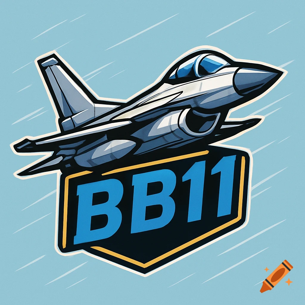 An anime style jet logo featuring a grey and blue jet flying above a black and gold shield with the text "BB11" in blue.