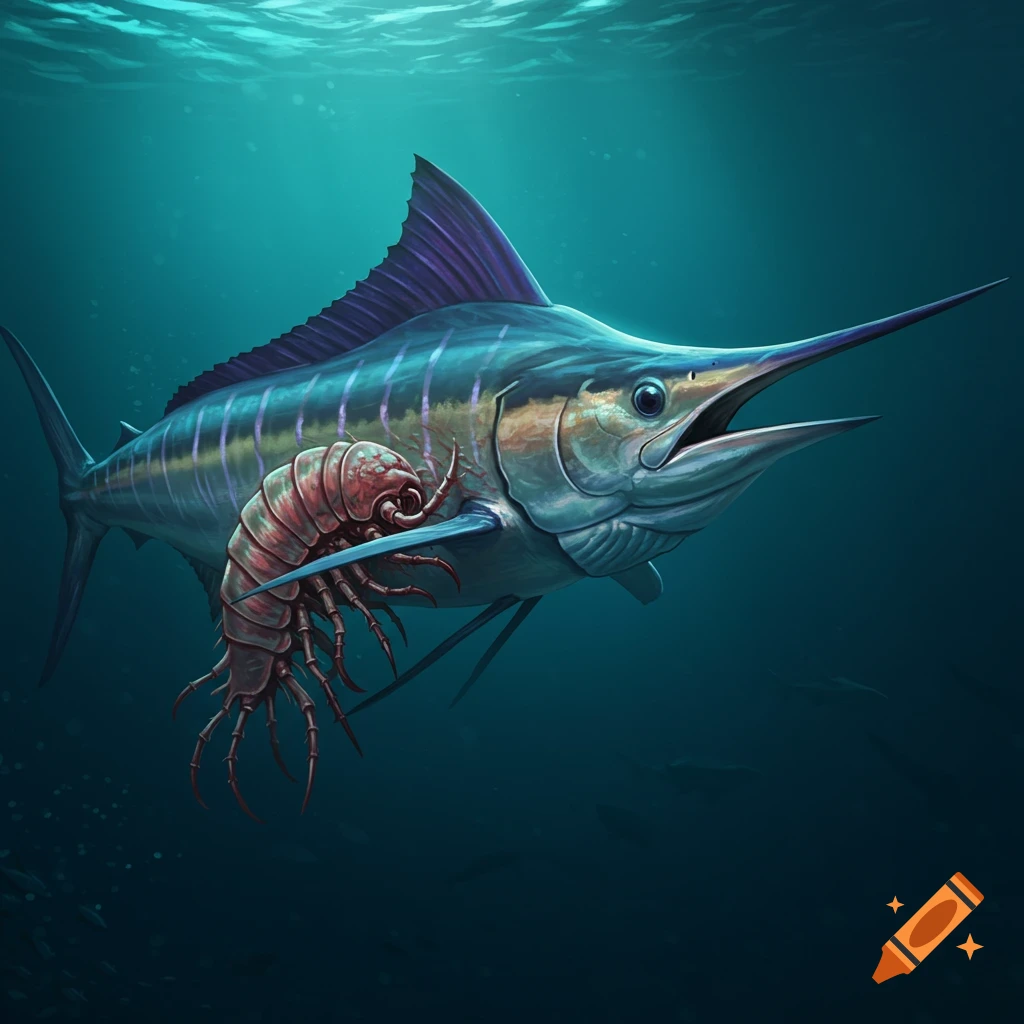A large blue marlin fish with a red, crab-like parasite attached to its side, swimming in deep blue ocean water.