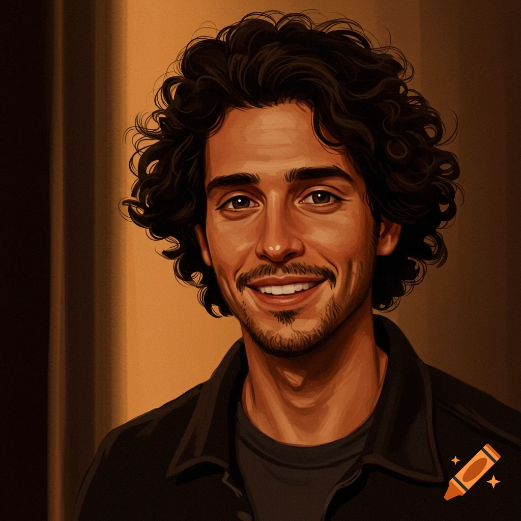 A stylized digital art portrait of a smiling man with dark curly hair and a short beard.