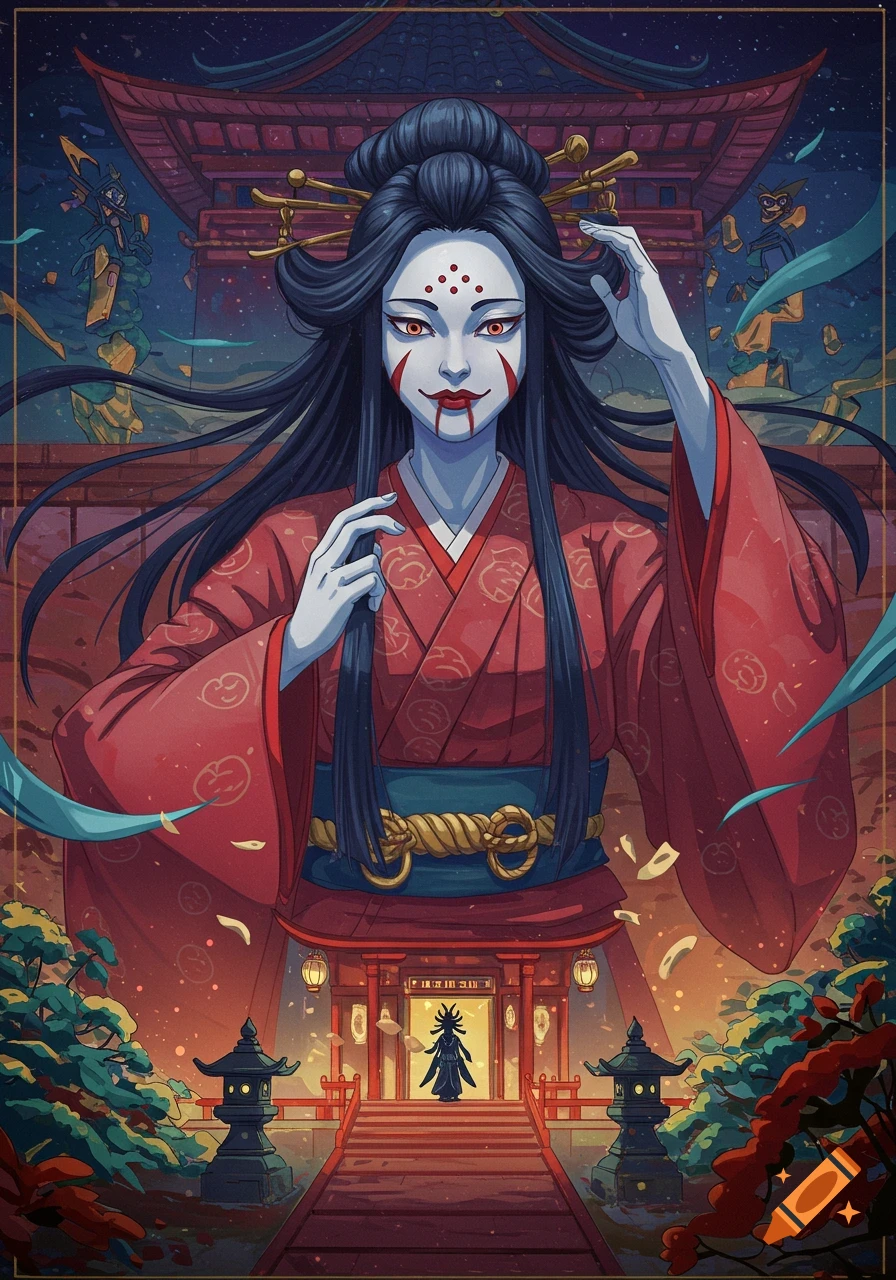 A tall, pale-skinned woman with red facial markings and red eyes, wearing a red kimono, stands before a traditional Japanese temple at night in an anime style.