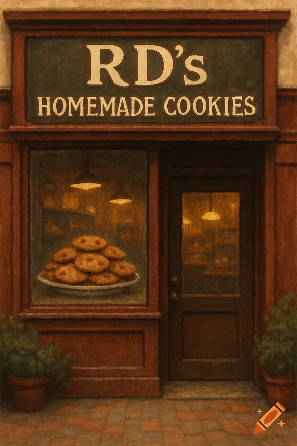 Painterly depiction of a cookie store storefront with a sign reading "RD's Homemade Cookies" and a display of cookies in the window.