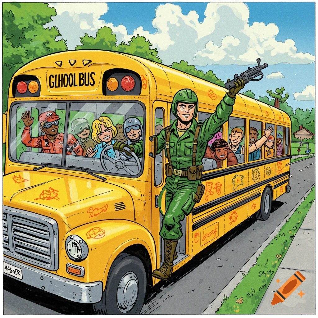 Comic book style illustration of a GI Joe figure holding a rifle, standing on the steps of a yellow school bus filled with children.