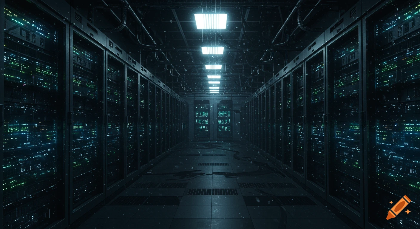 Gloomy, dark server room filled with glowing racks of computer servers. on  Craiyon, image size:1408x768