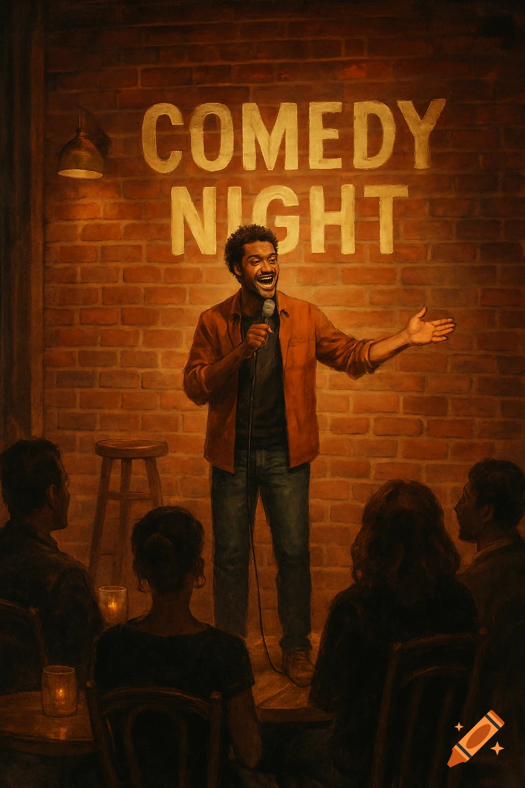 A smiling male comedian performs on a stage with 'COMEDY NIGHT' written on the brick wall, in front of an audience.