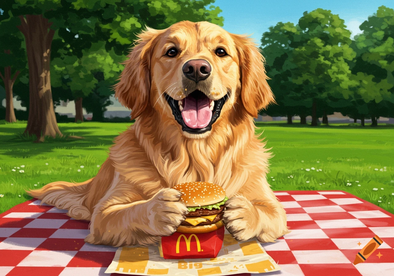 A golden retriever dog happily holding a McDonald's burger on a picnic blanket in a sunny park.
