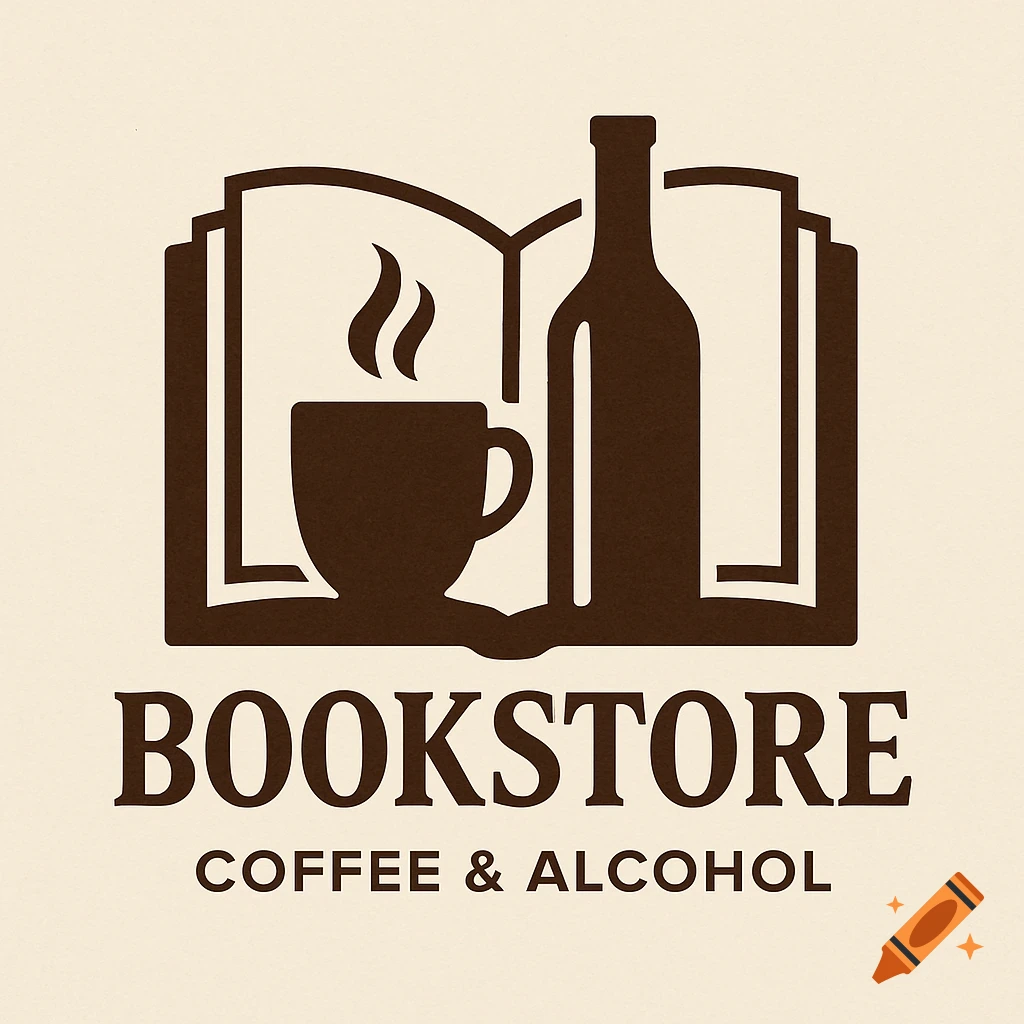 Minimalist brown logo featuring an open book, steaming coffee cup, and bottle, with text 'BOOKSTORE' and 'COFFEE & ALCOHOL' on a beige background.