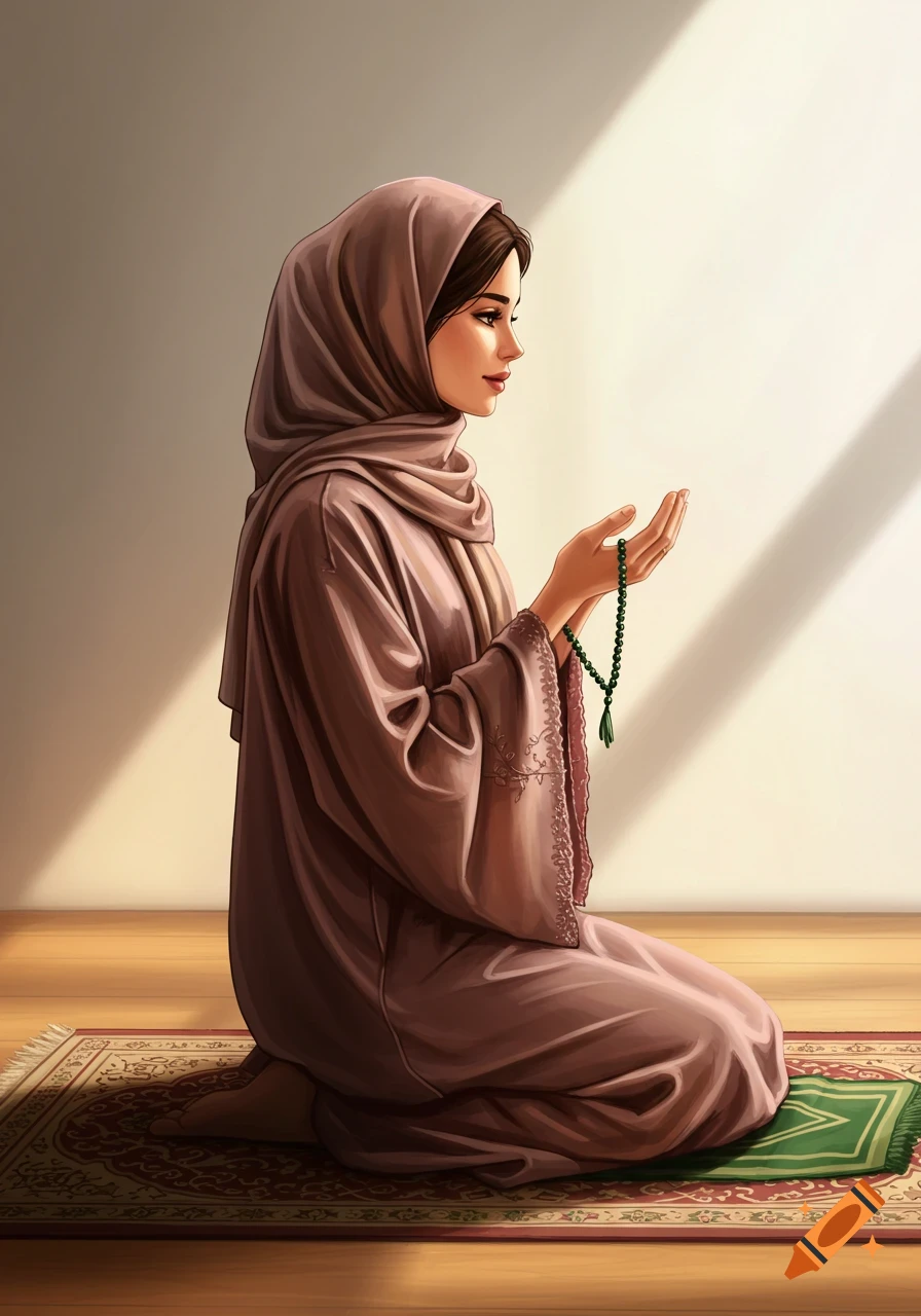 A young woman in a brown hijab kneels on a prayer rug, holding green prayer beads with open palms in an act of prayer, illuminated by sunlight.