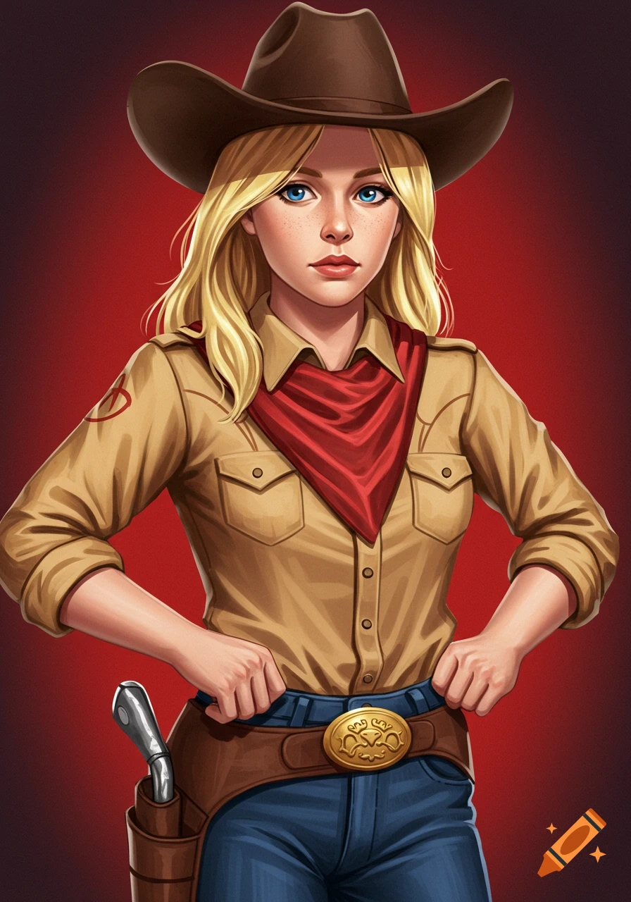 Illustration of a blonde woman in a cowboy hat, shirt, red bandana, jeans, and gun belt.