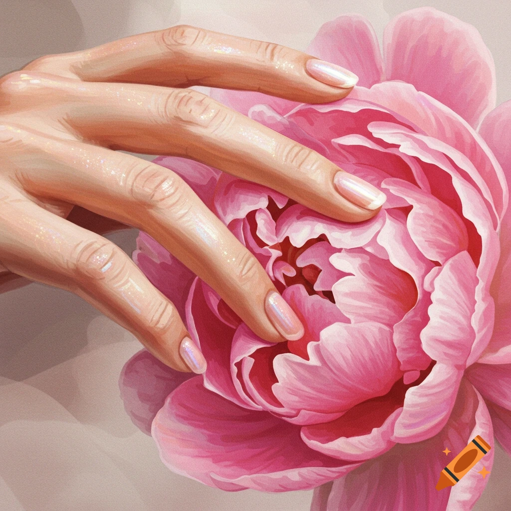 Illustrated hand gently touching the petals of a large pink peony flower.
