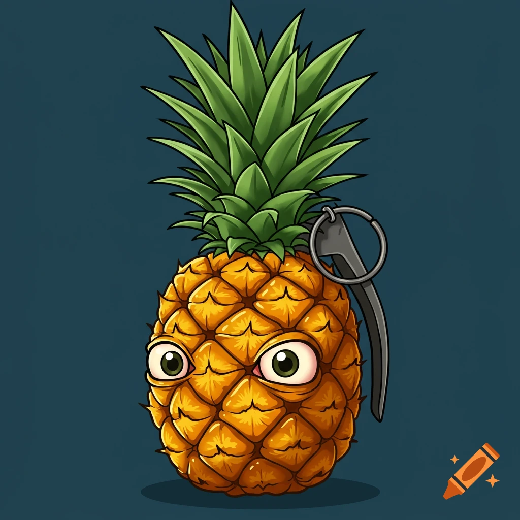 A cartoon pineapple shaped like a grenade with wide eyes, on a dark blue background.