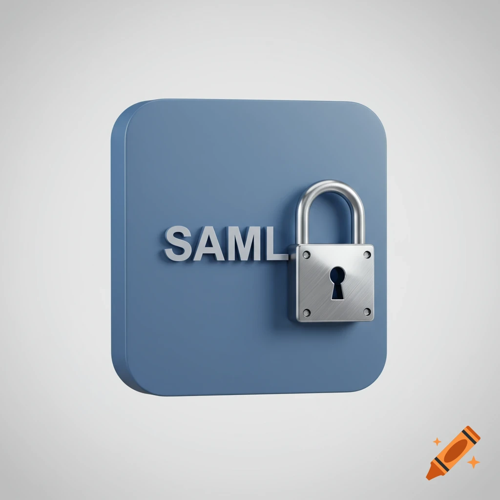 A blue rounded square icon with the silver text 'SAML' and a silver padlock to its right.