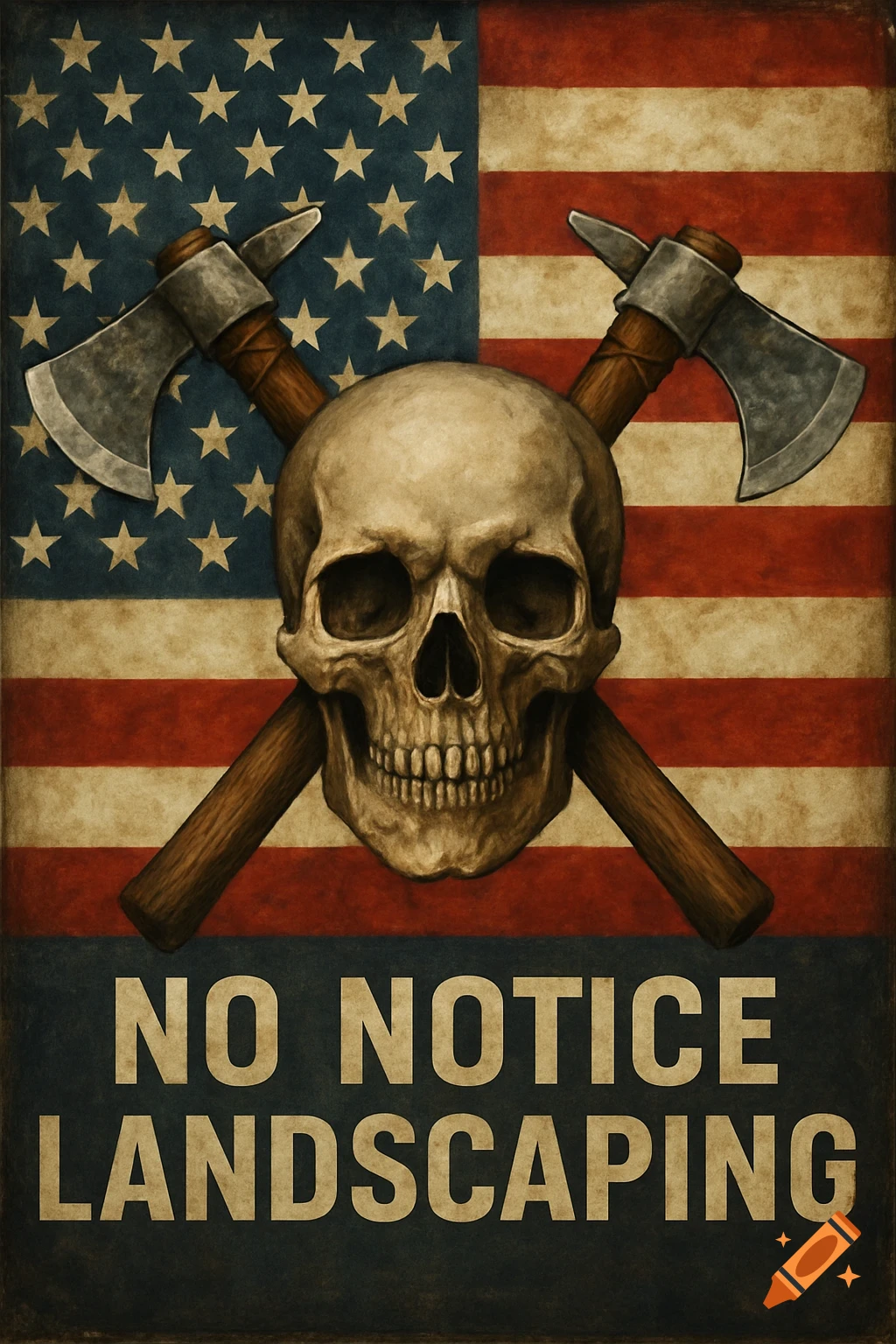 A grunge-style poster with a skull over crossed tomahawks against an American flag, text reads 'NO NOTICE LANDSCAPING'.