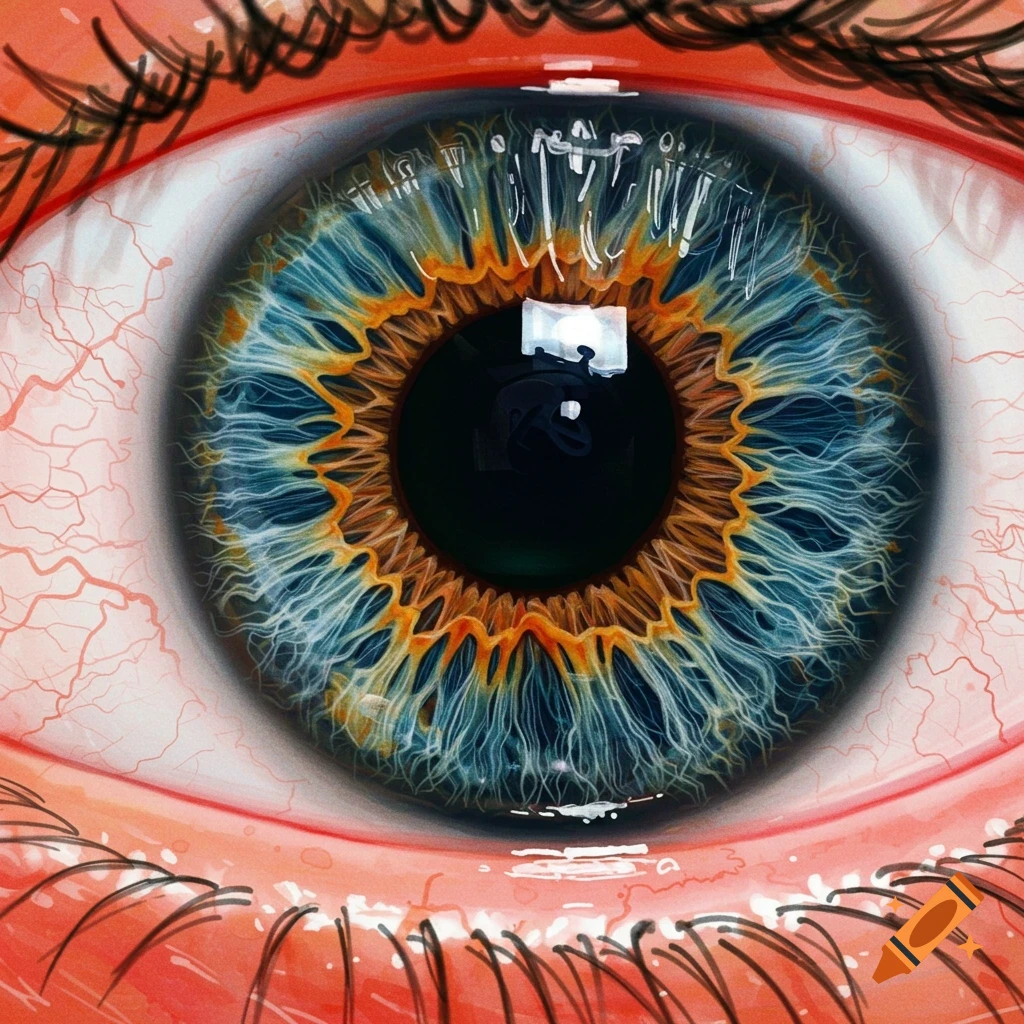 A hyperrealistic watercolor painting close-up of a human eye, showing intricate blue and orange iris details, dark pupil, and red veins.