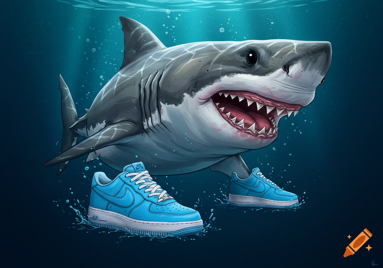A cartoon great white shark wearing blue Nike sneakers swims underwater, depicted in an illustrative style.