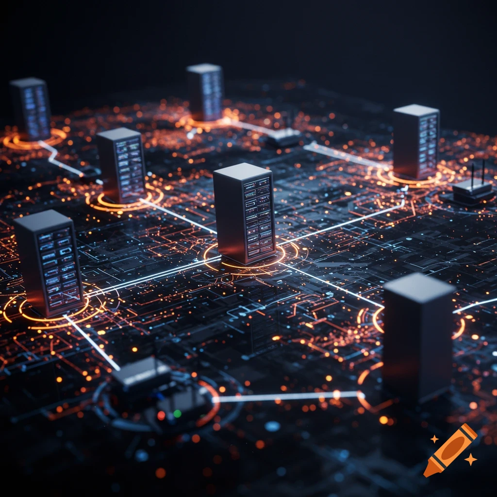 A detailed, futuristic digital network with multiple server racks interconnected by glowing orange and blue lines on a dark circuit board.