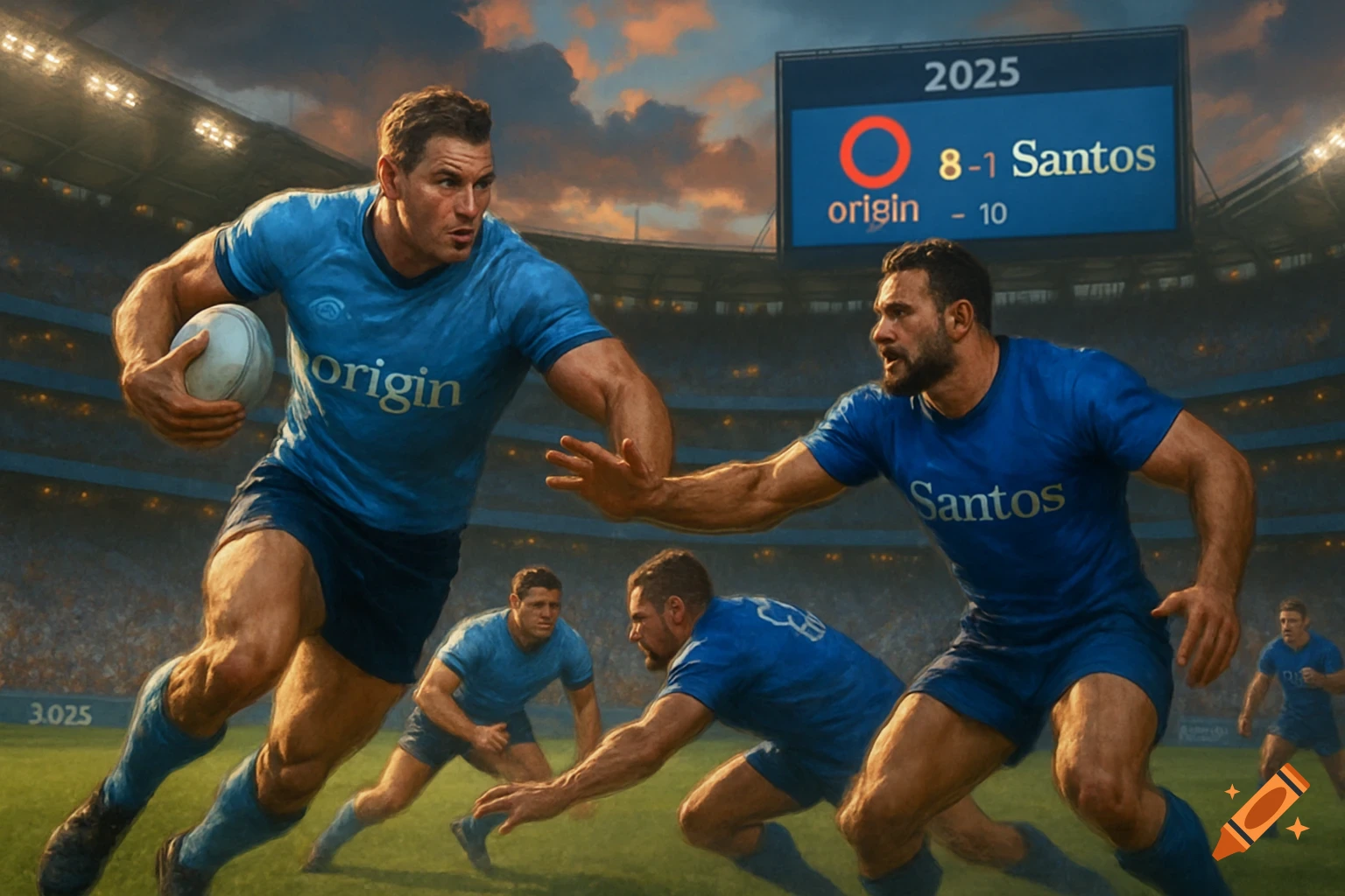 Rugby players from Origin and Santos teams compete on a field in a stadium. A scoreboard shows the score and year 2025.